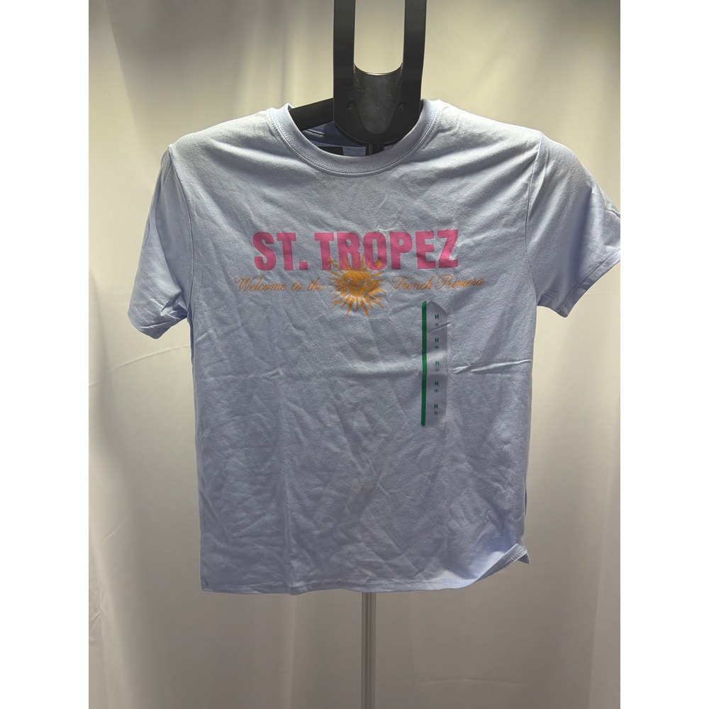 St. Tropez French Riviera Graphic Tee Light Blue Pink Sun Shirt Girls Medium 8